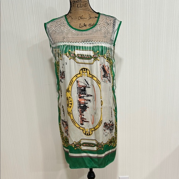 White and Green Sleeveless Mini Dress/Coverup with Crew Neck - Picture 1 of 12